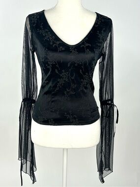 Vintage Y2K Morbid Threads XS Black Satin Mesh Bell Sleeve Goth Top